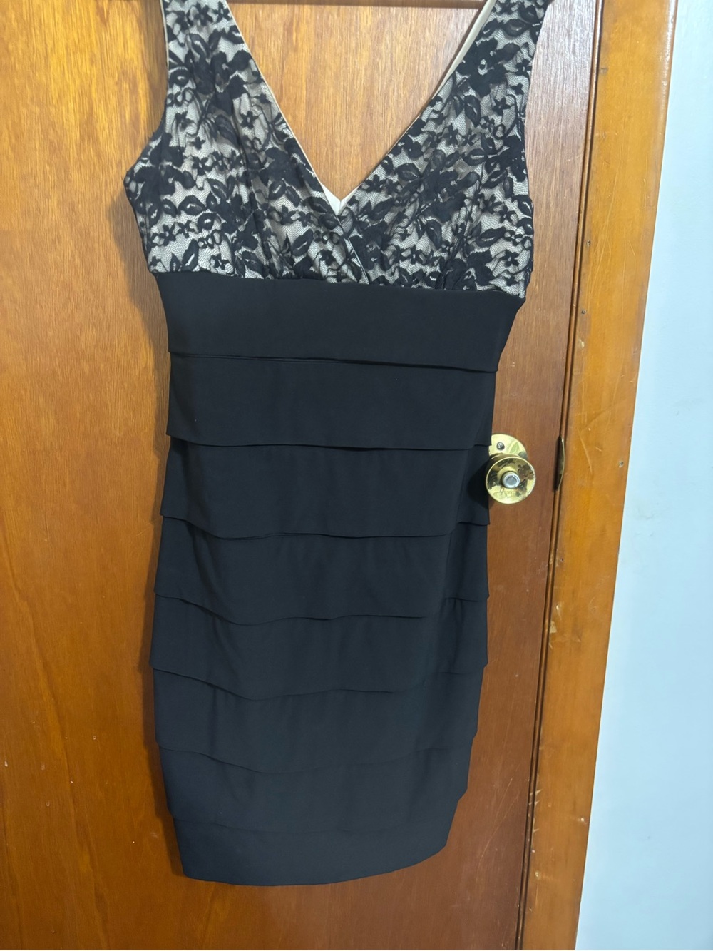 Darling Black Lace-Accent V-Neck Tiered Mini Dress